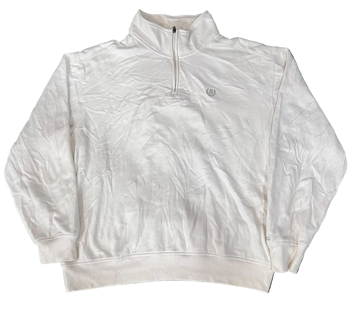A light cream or off-white quarter-zip pullover sweatshirt with a mock neck, 