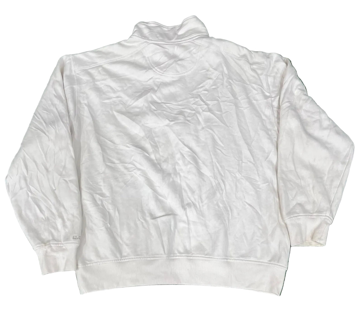 A white long-sleeve zip-up jacket with a mock neck