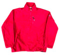 A bright red windbreaker jacket with a half-zip collar, The jacket features a small white and black logo on the left chest and white text on the right sleeve.