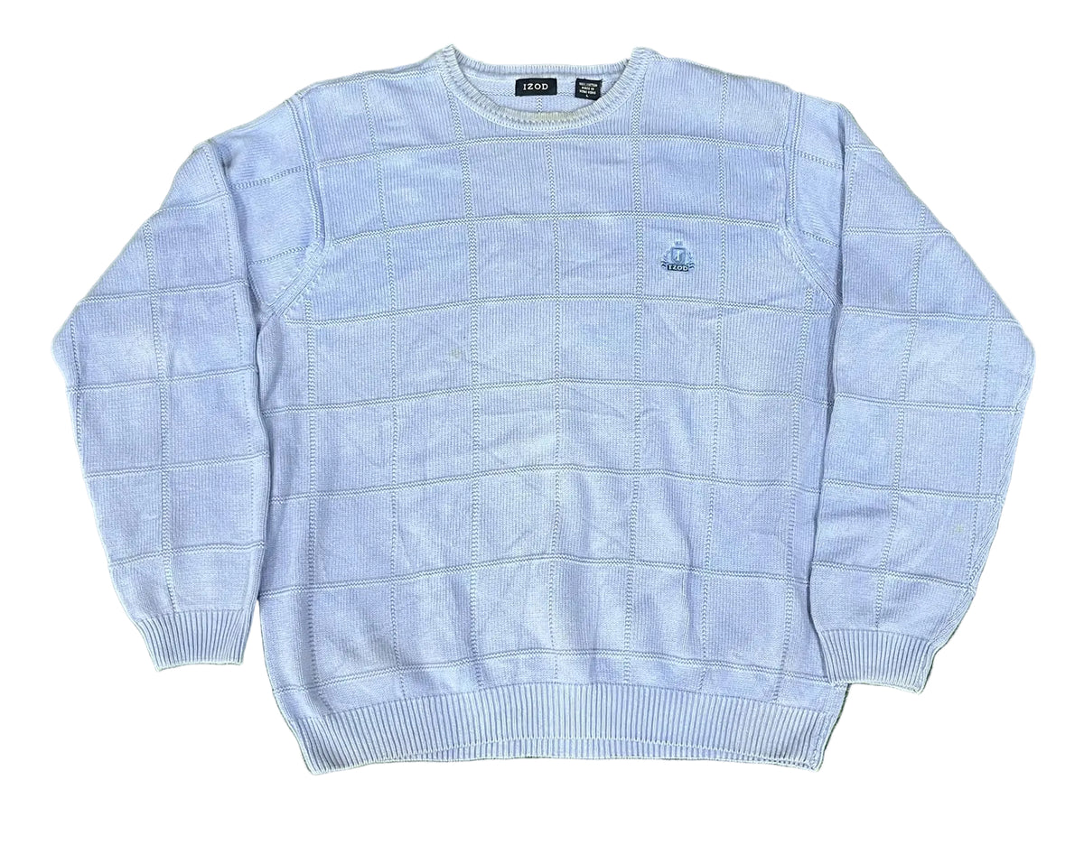 A light blue knit crewneck sweater with a subtle grid pattern and a small embroidered logo on the left chest, 
