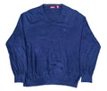 A dark navy blue long-sleeve V-neck sweater ON THE WHITE BACKGROUND