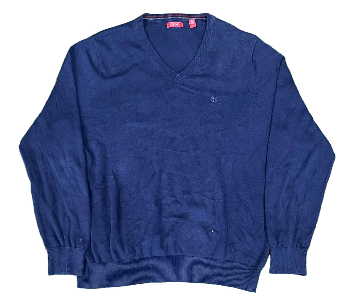 A dark navy blue long-sleeve V-neck sweater ON THE WHITE BACKGROUND