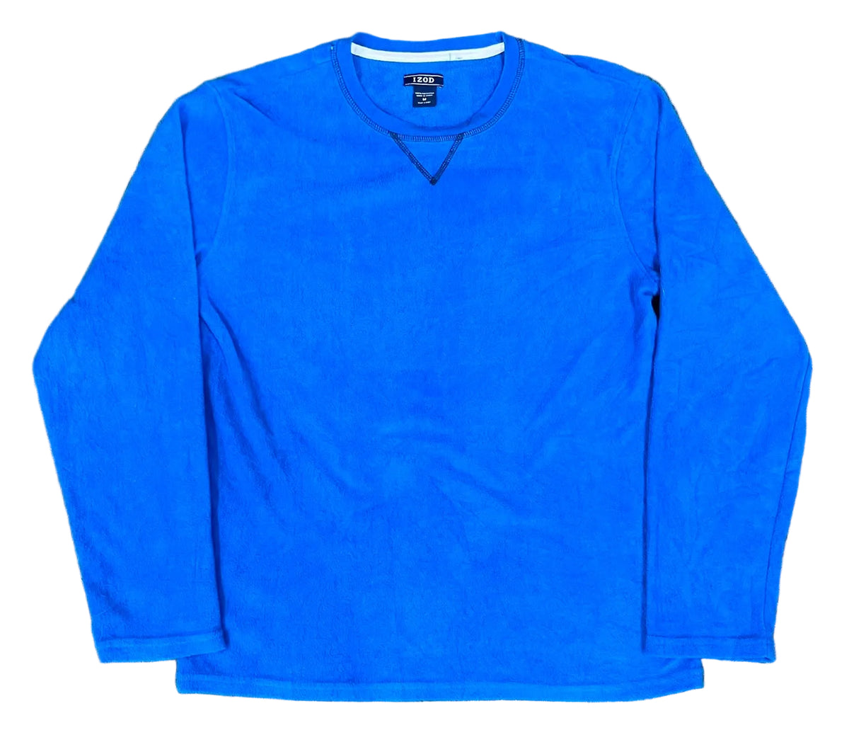 A bright blue long-sleeve crewneck shirt. The shirt has a small black embroidered logo on the inside neck label.