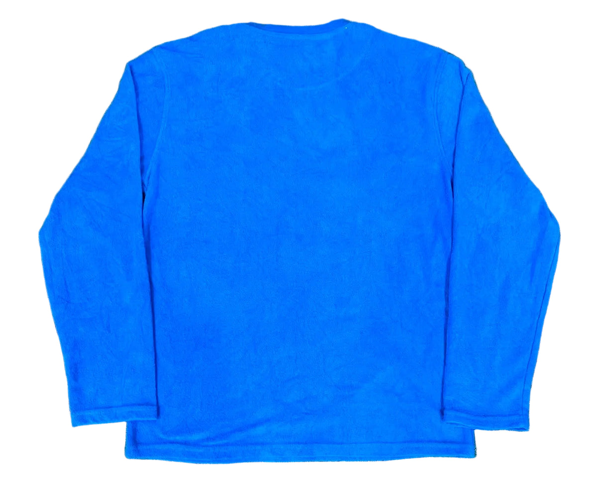 A bright blue long-sleeve shirt ON THE WHITE BACKGROUND                