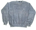 A gray knit crewneck sweater with a subtle grid pattern and a small embroidered logo on the left chest,