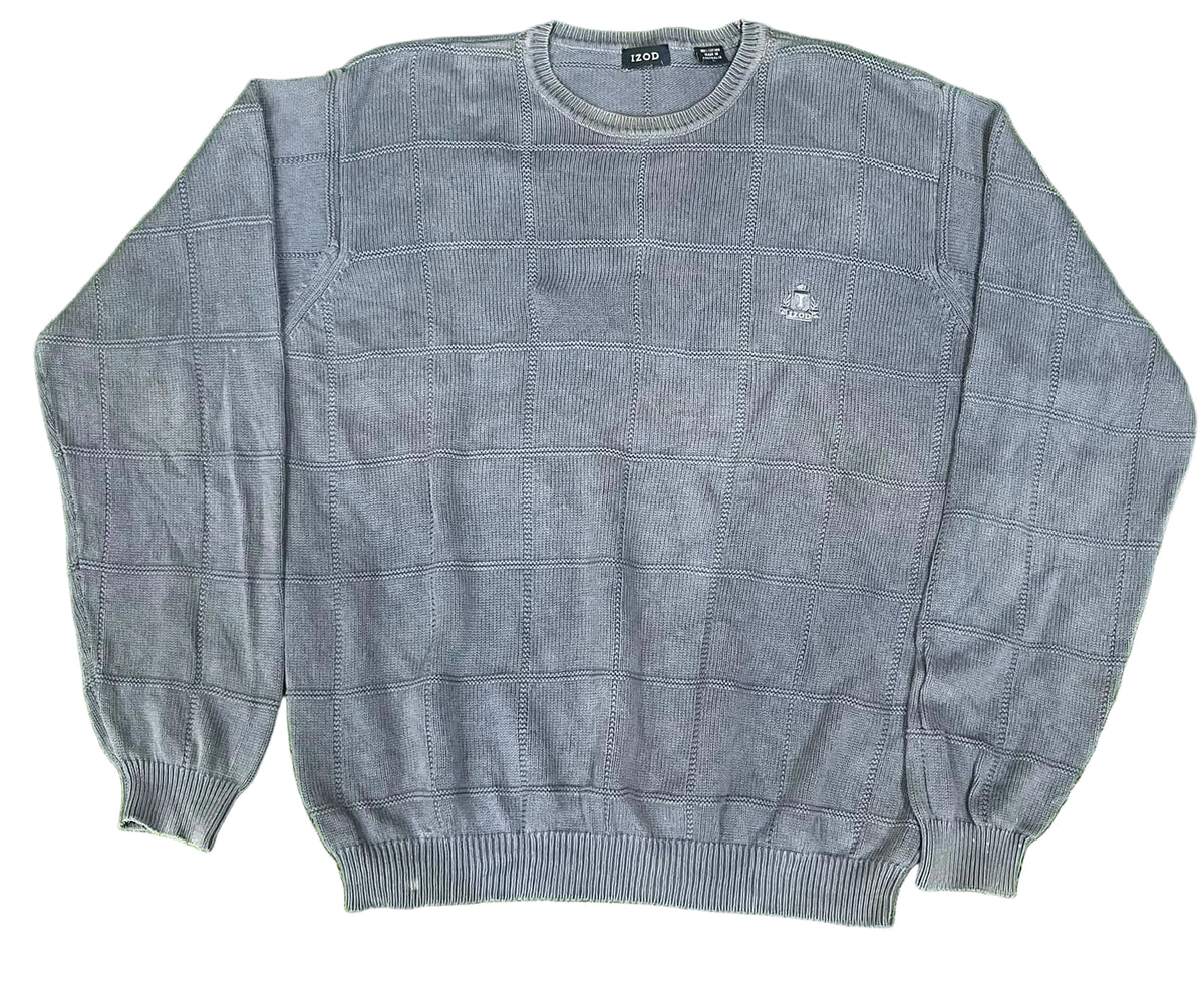A gray knit crewneck sweater with a subtle grid pattern and a small embroidered logo on the left chest,