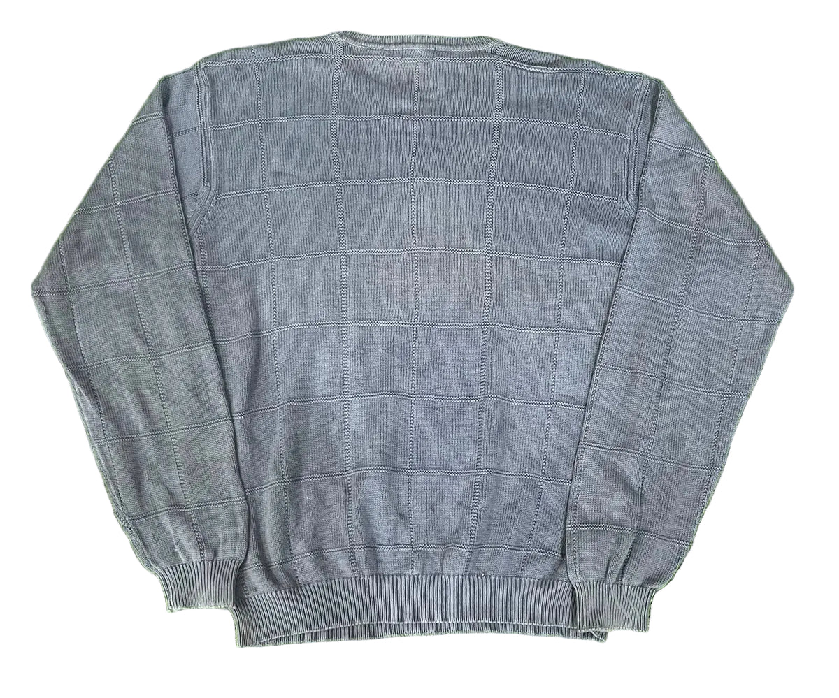 A gray ribbed knit sweater with a subtle grid pattern,