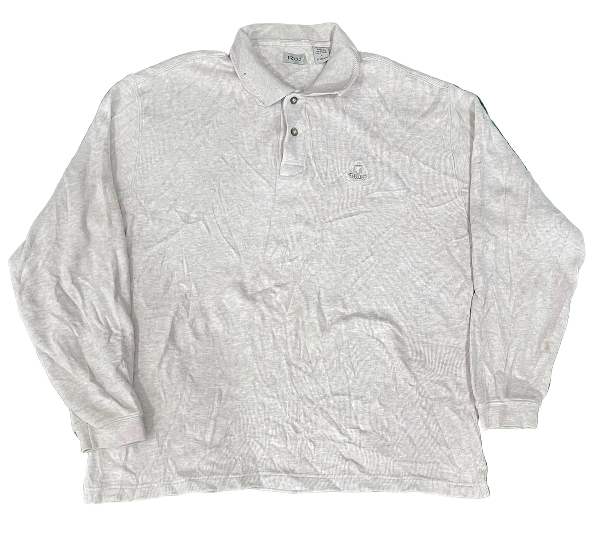 A light gray long-sleeve polo shirt. The shirt has a three-button placket and a small embroidered logo on the left chest.