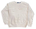 A cream-colored knit sweater with a subtle grid pattern, The brand label inside the collar reads 'SWEAT'.