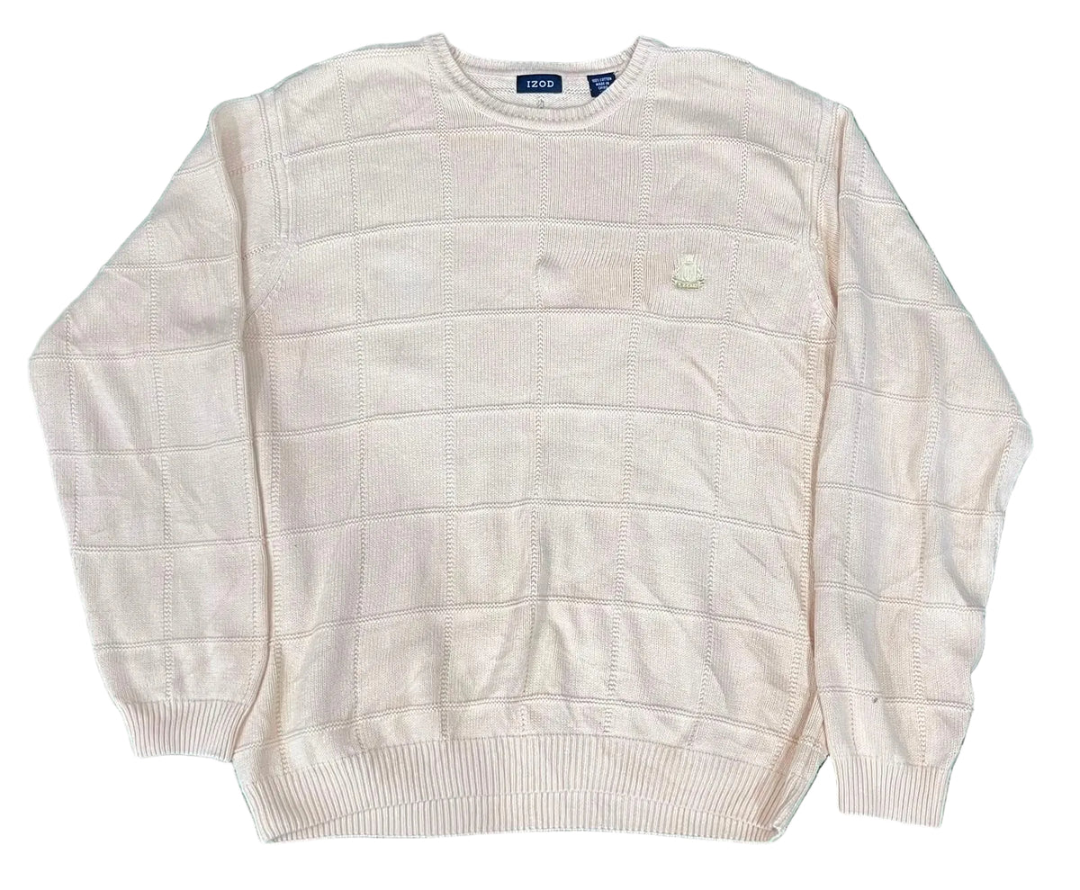 A cream-colored knit sweater with a subtle grid pattern, The brand label inside the collar reads 'SWEAT'.