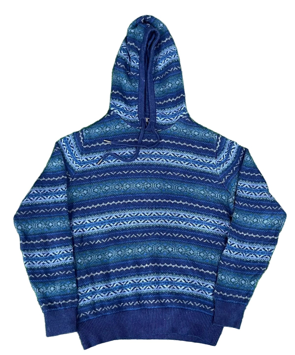 A blue and navy patterned knit hoodie with a Fair Isle style design, 