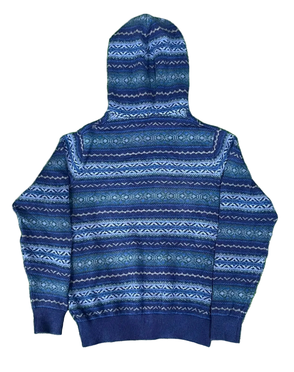 A blue and navy patterned knit hoodie with horizontal geometric stripes,