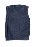 A dark navy blue cable-knit sweater vest ON THE WHITE BACKGROUND