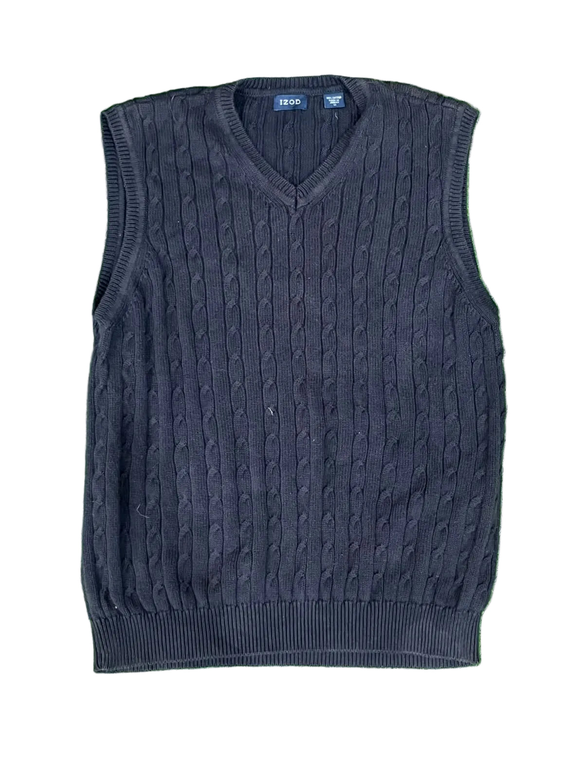 A dark navy blue cable-knit sweater vest ON THE WHITE BACKGROUND