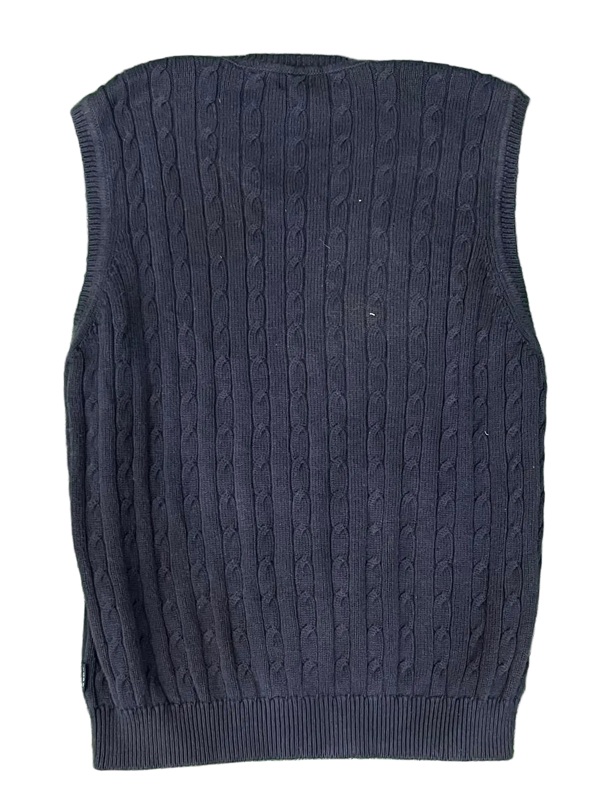 A sleeveless cable-knit sweater vest in a very dark navy or near-black color, 