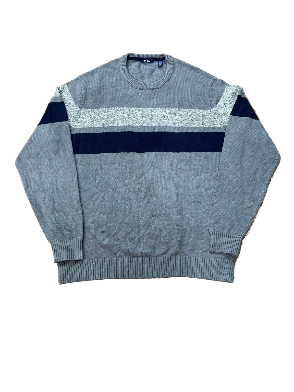 A gray knit crewneck sweater with a thick navy blue horizontal stripe across the chest and a lighter gray textured shoulder yoke,