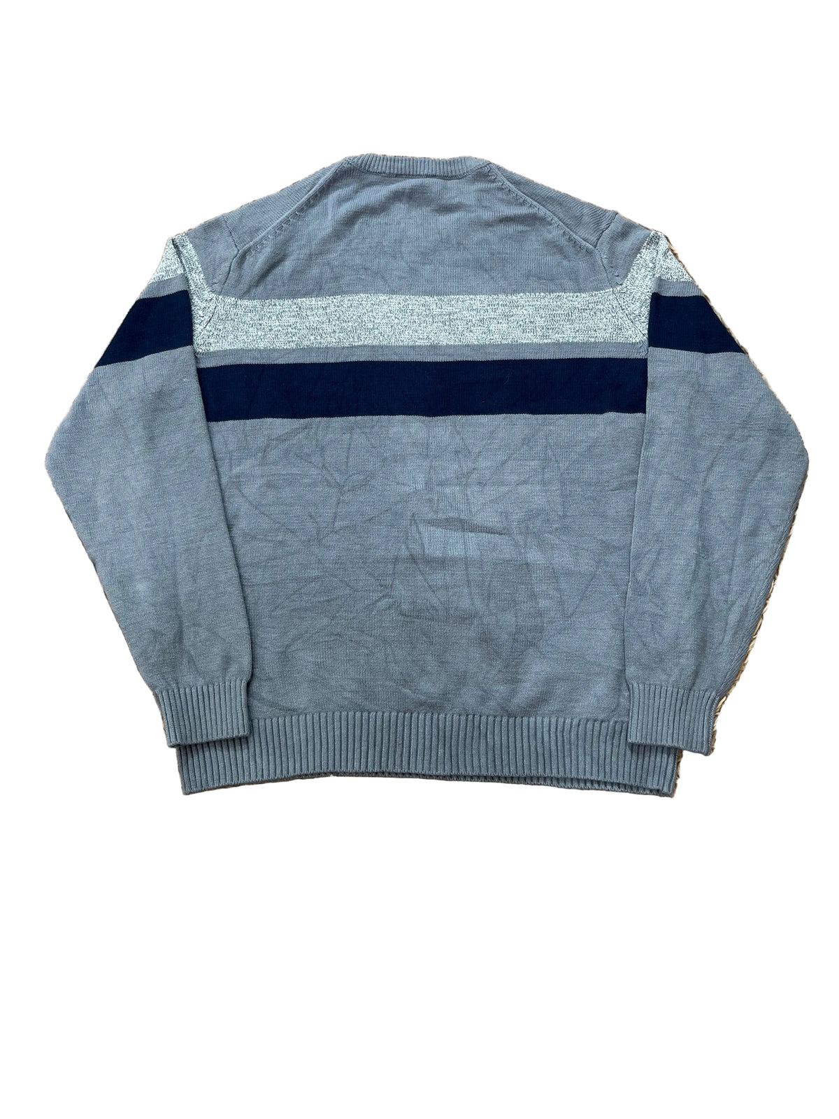 A gray knit sweater with a heather gray chest stripe and dark navy blue shoulder panels, 