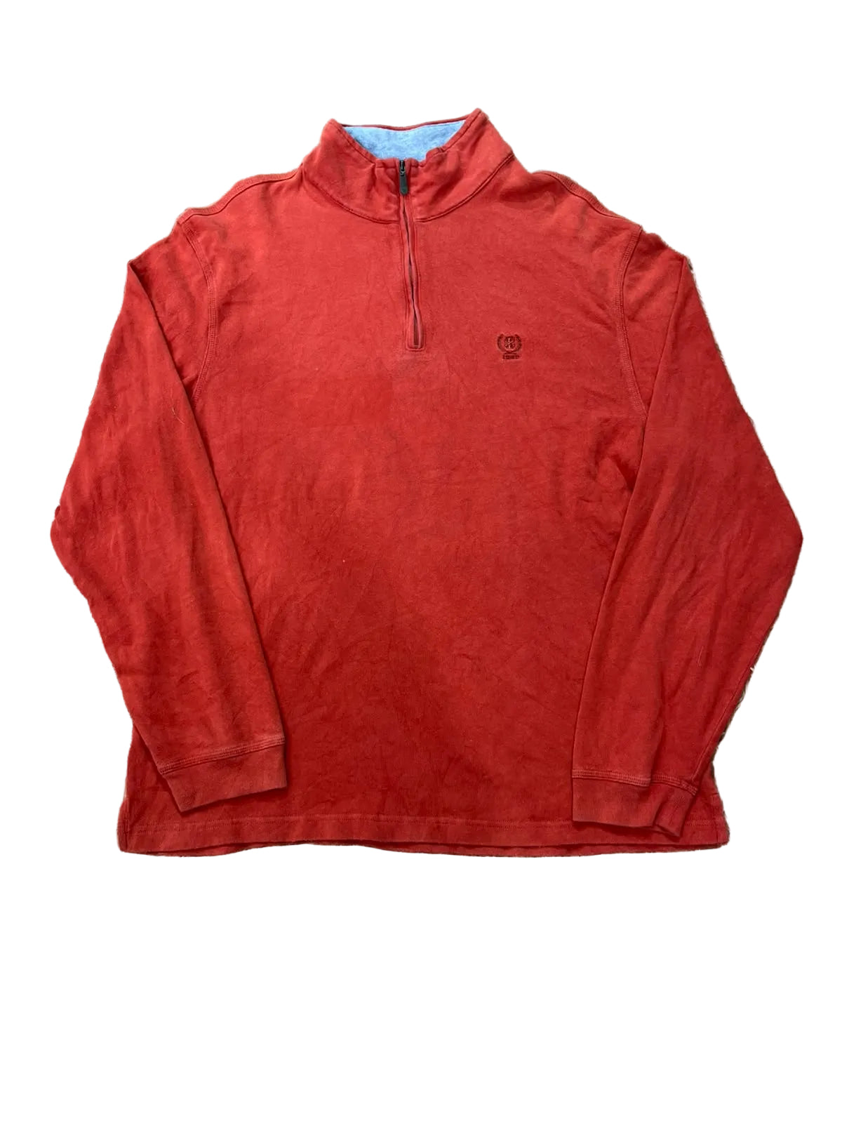 A red long-sleeve quarter-zip pullover sweatshirt with a small embroidered logo on the left chest.