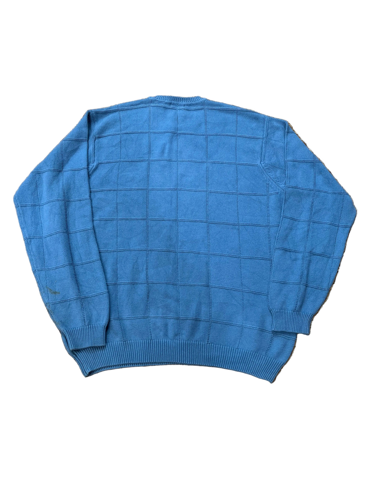 A blue long-sleeve knit sweater with a subtle windowpane grid pattern, 