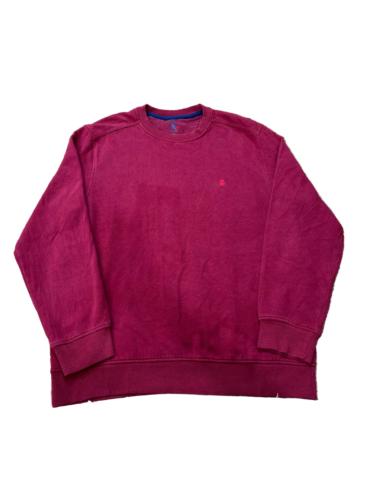 A long-sleeve crewneck sweatshirt in a deep burgundy red, A small embroidered polo player logo is visible on the left chest, identifying the brand as Ralph Lauren.