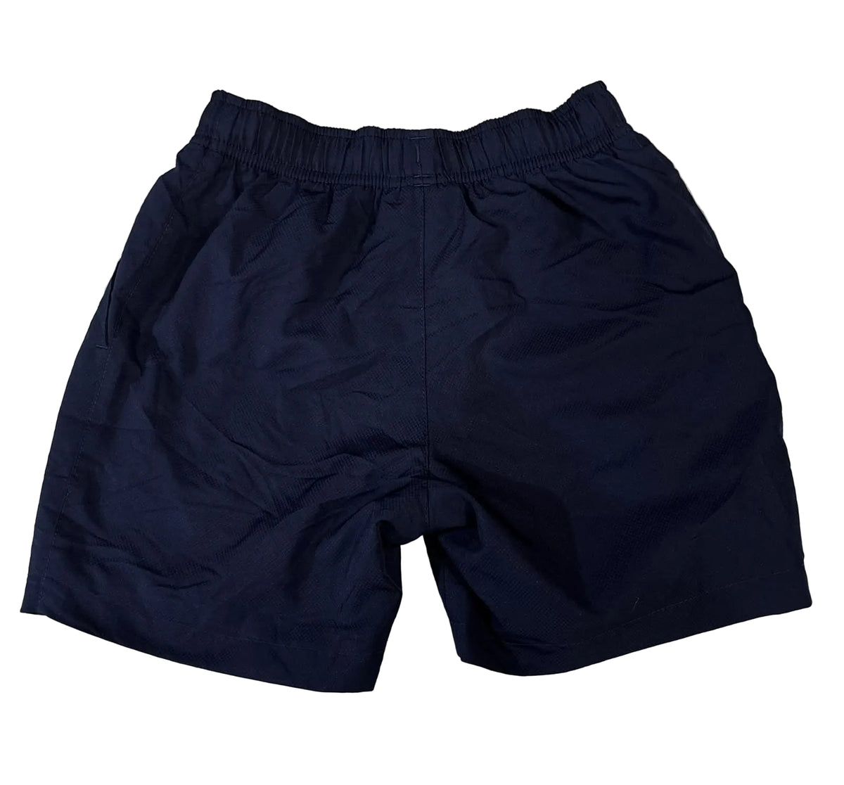 A pair of dark navy blue athletic shorts with an elastic waistband.