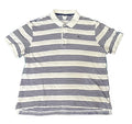 A Lacoste short-sleeve polo shirt with navy blue horizontal stripes on a white base,