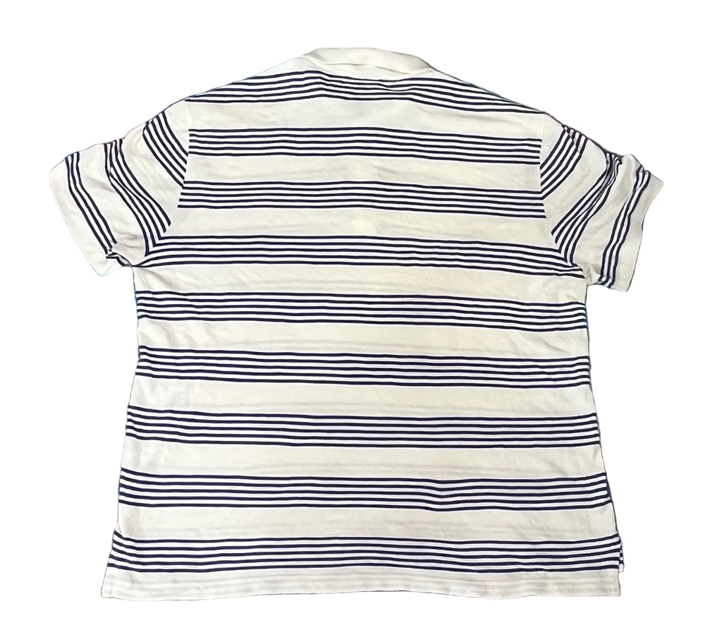 A white short-sleeve polo shirt with thin navy horizontal stripes