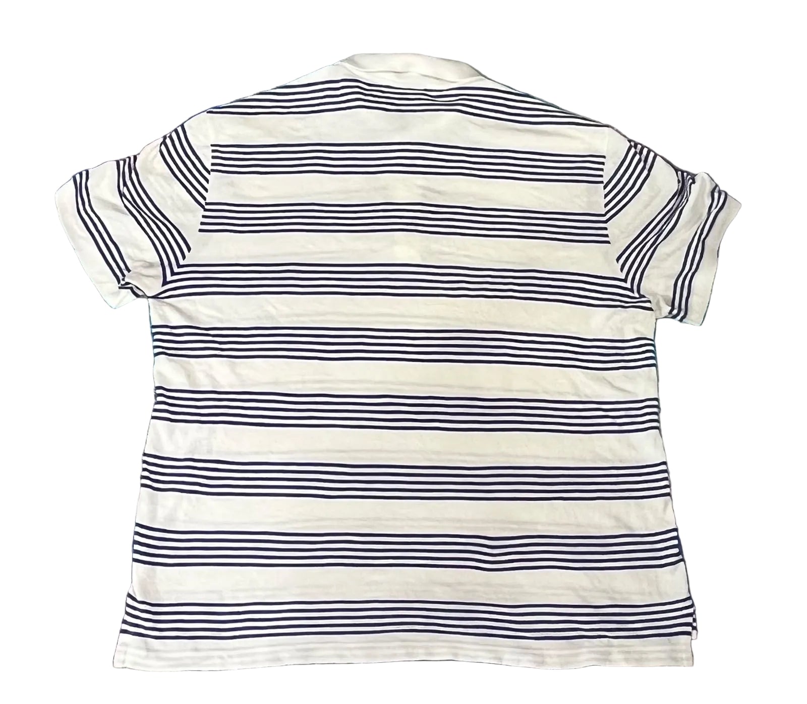 A white short-sleeve polo shirt with thin navy horizontal stripes