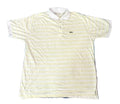 A white and pale yellow striped short-sleeve polo shirt with a white collar and a small Lacoste crocodile logo on the chest