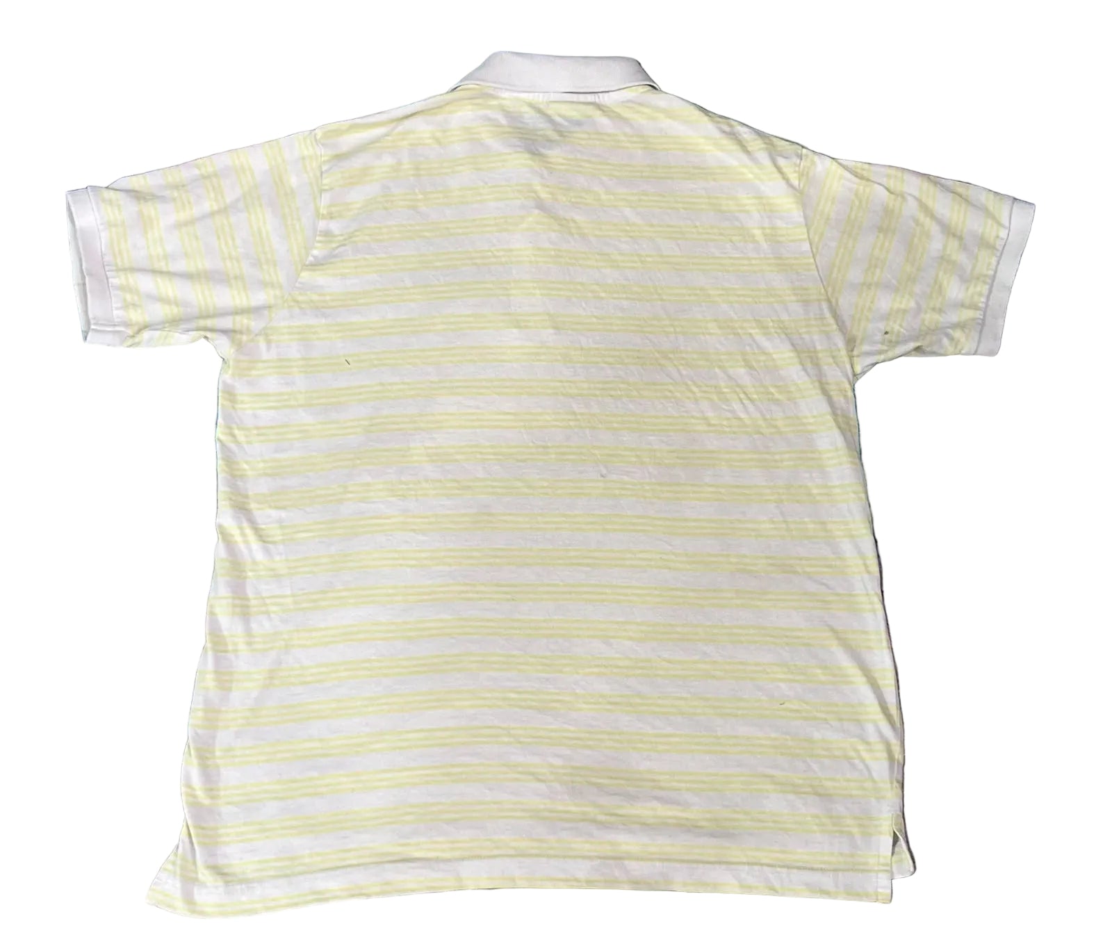 A short-sleeve polo shirt with thin yellow horizontal stripes on a white base, 