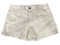 A pair of light beige chino shorts The shorts feature a button closure, belt loops, and front slash pockets.