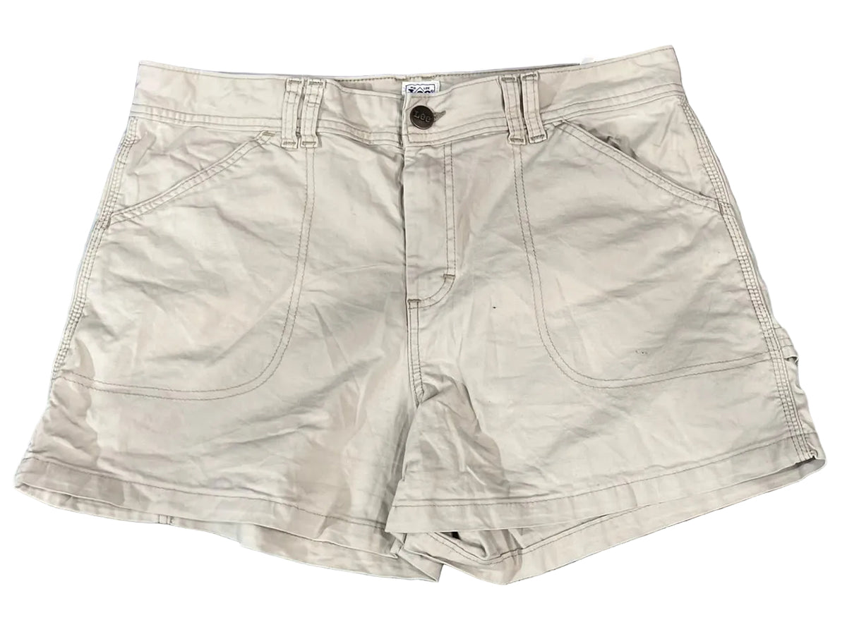 A pair of light beige chino shorts The shorts feature a button closure, belt loops, and front slash pockets.