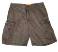 A pair of dark brown cargo shortsThe shorts feature multiple cargo pockets, a button fly, and belt loops.