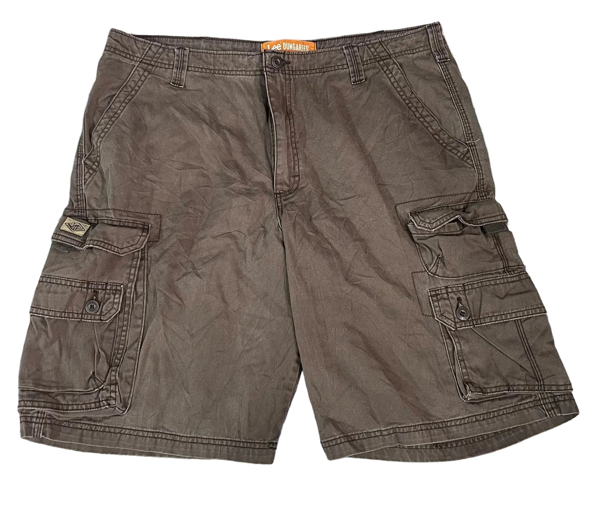 A pair of dark brown cargo shortsThe shorts feature multiple cargo pockets, a button fly, and belt loops.