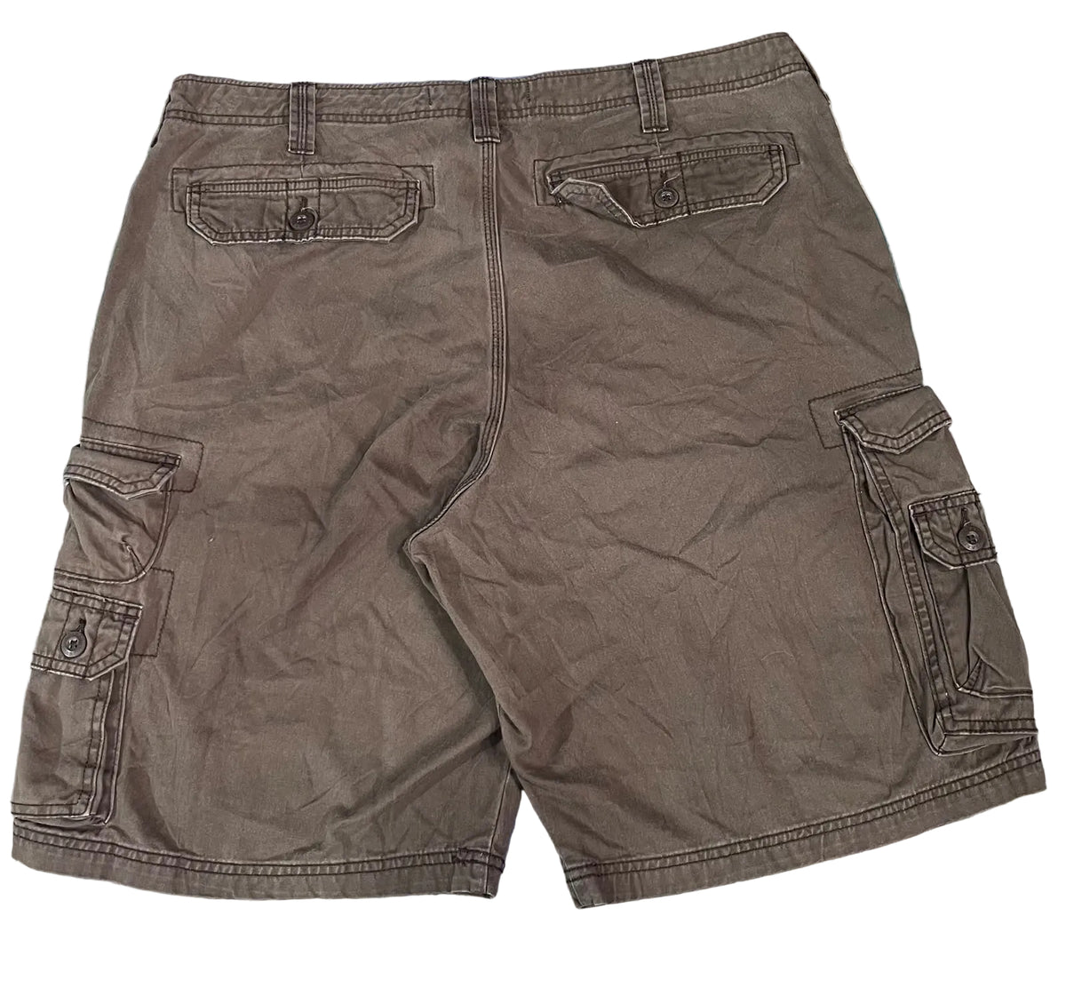 A pair of brown cargo shorts The shorts feature a classic five-pocket design with buttoned cargo pockets on both sides and angled back pockets.