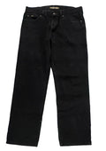 Black denim jeans laid on a white plain background 
