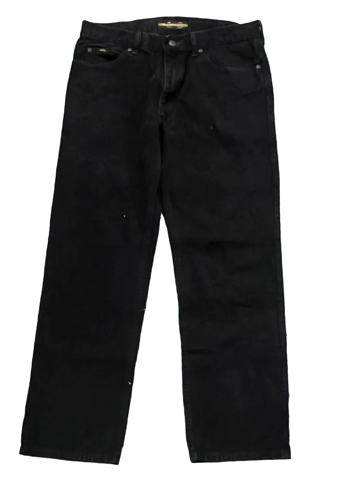 Black denim jeans laid on a white plain background 