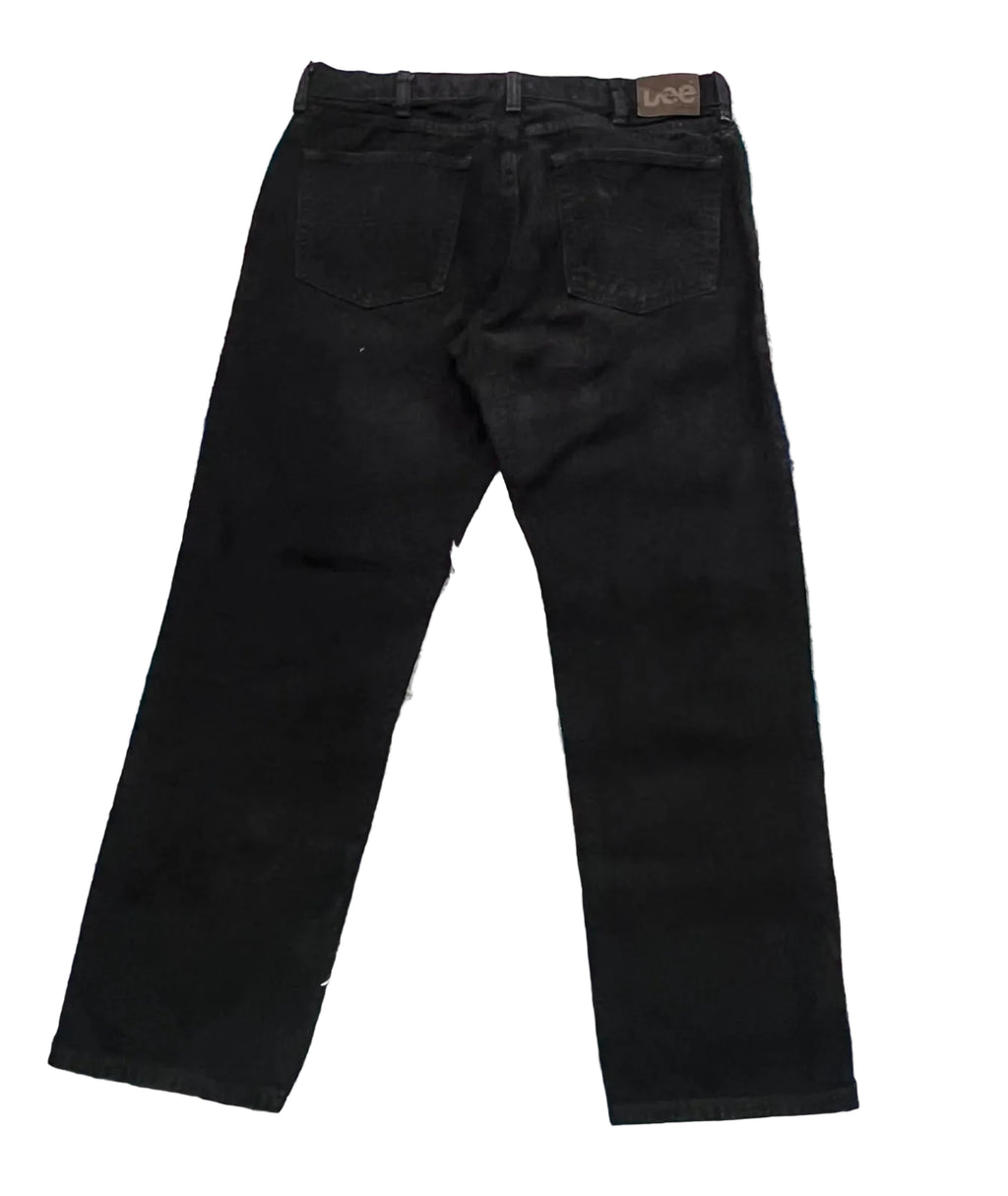 Black denim jeans shown from the back lee logo