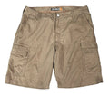 A pair of men's cargo shorts in a khaki brown color, The shorts feature a button closure, belt loops, and large cargo pockets on the SHORT
