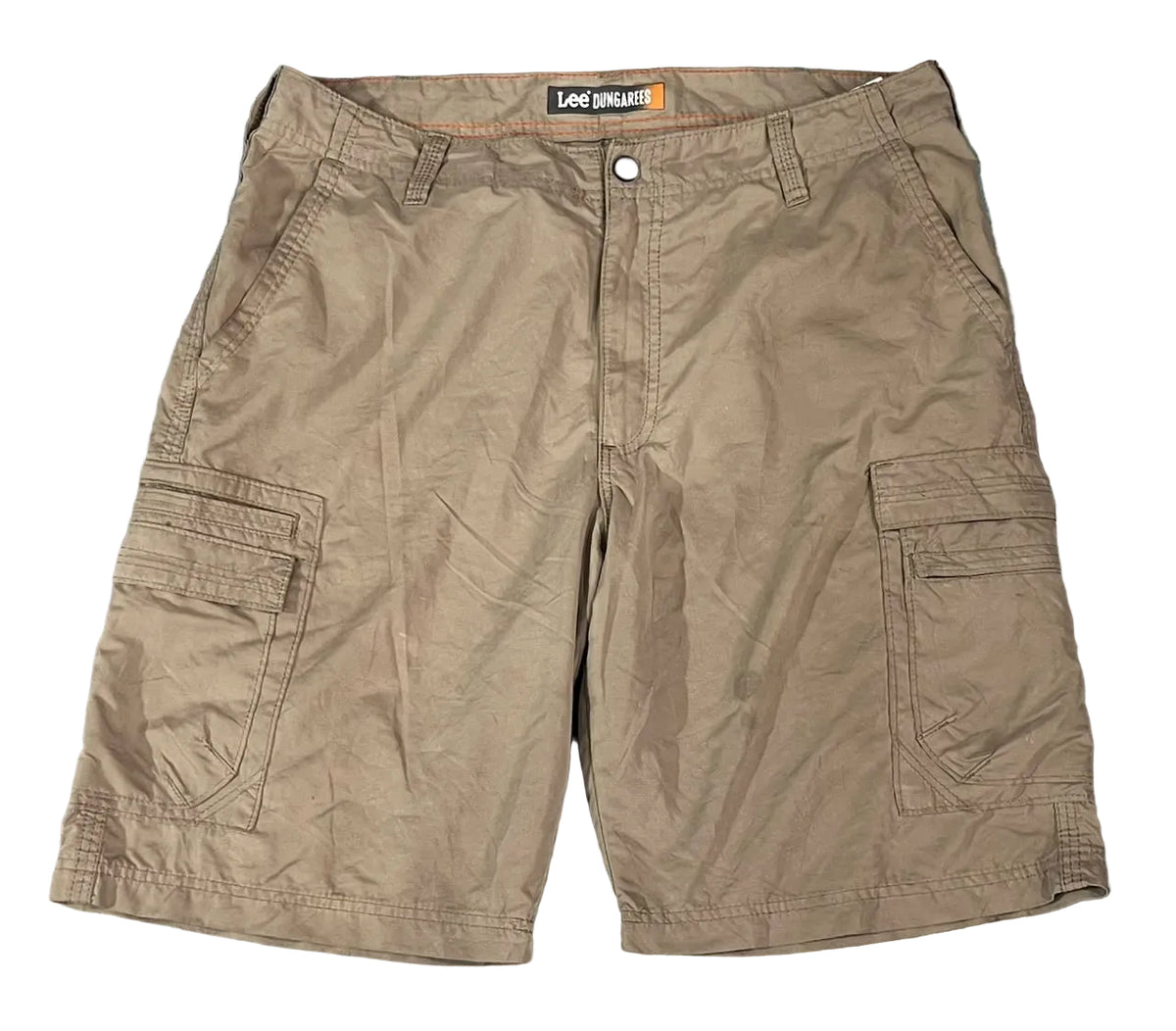 A pair of men's cargo shorts in a khaki brown color, The shorts feature a button closure, belt loops, and large cargo pockets on the SHORT