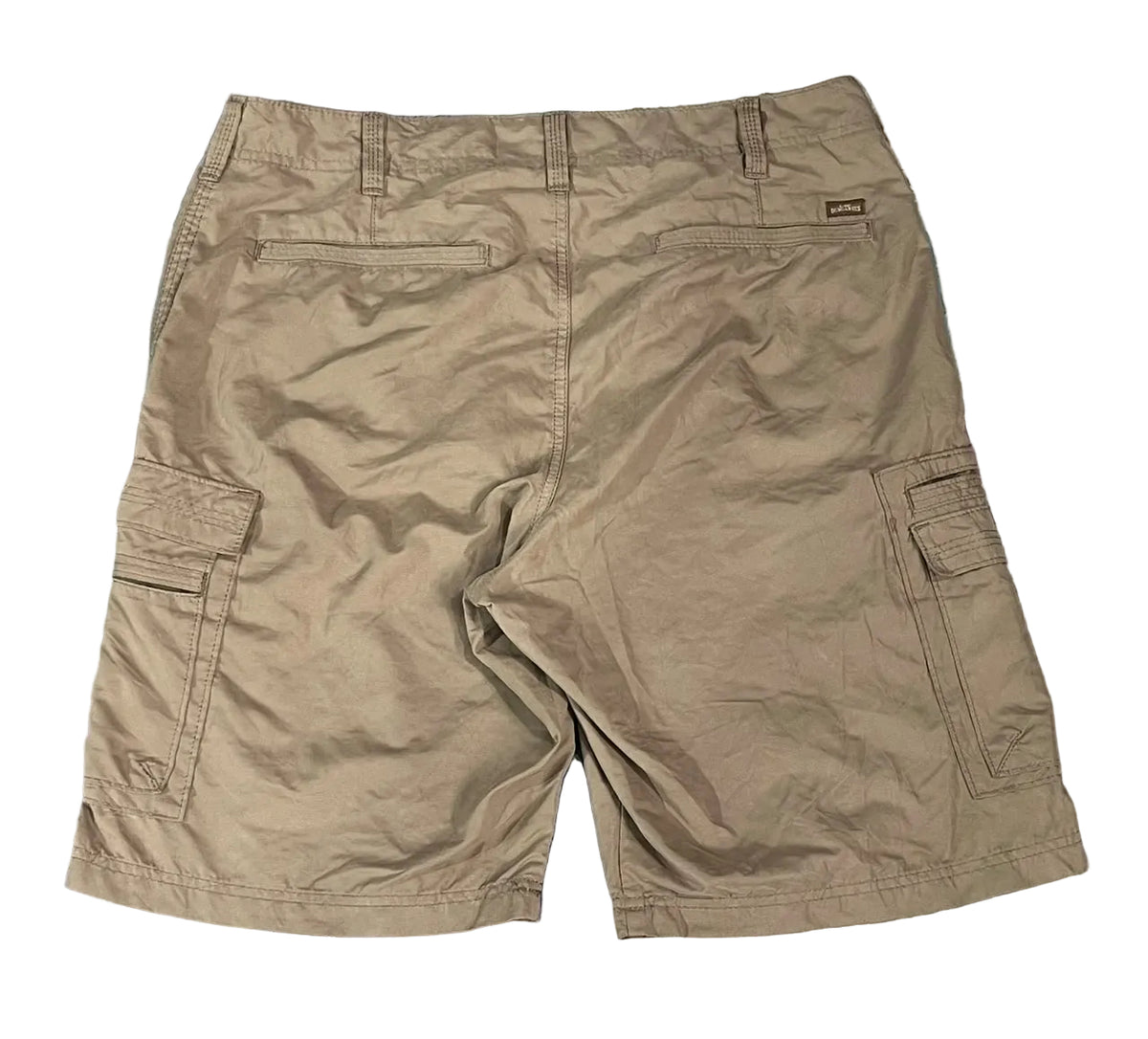 A pair of khaki cargo shorts The shorts feature a classic five-pocket design with cargo pockets on both sides.
