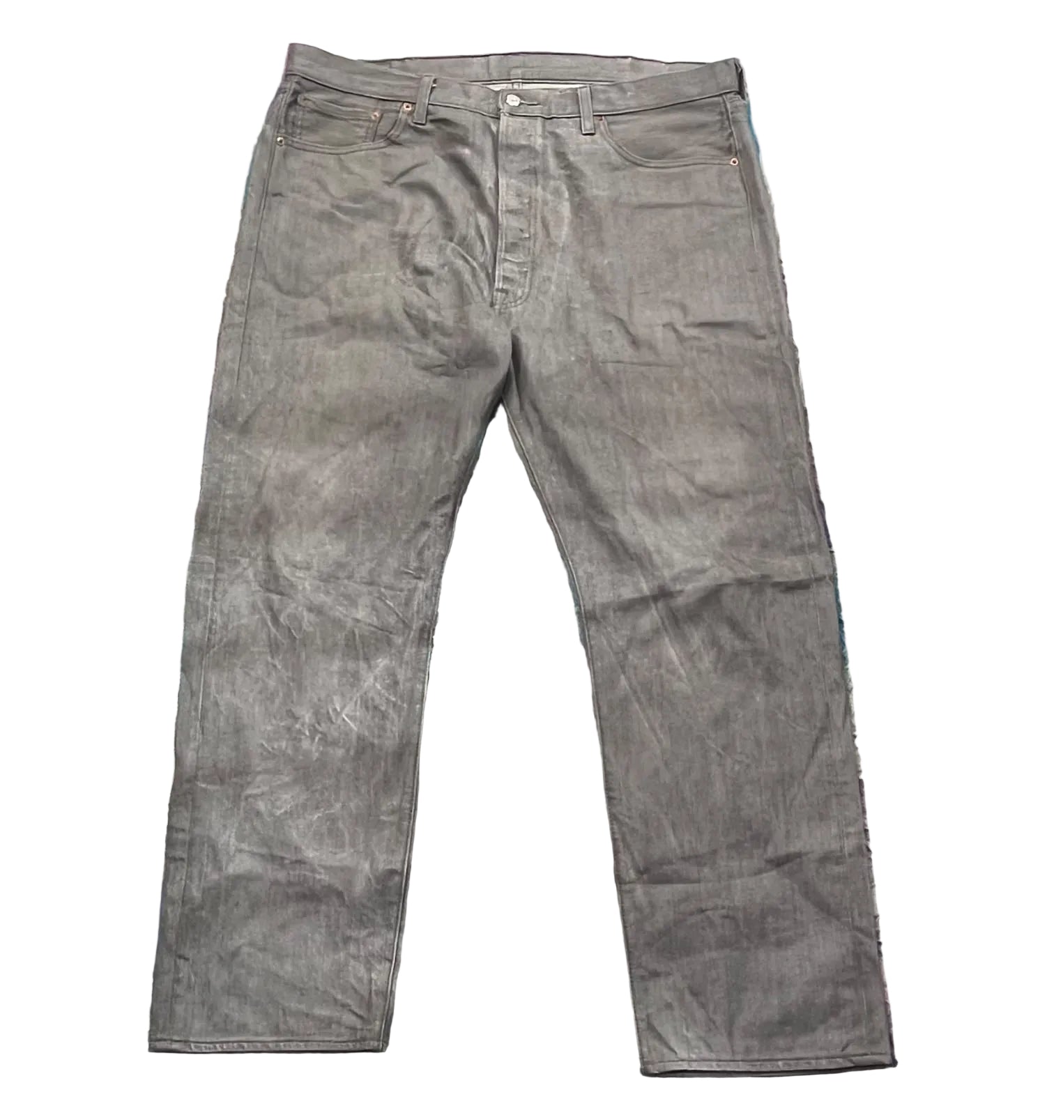 A pair of gray slim-fit jeans on a white plain background 