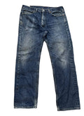 A pair of dark blue denim jeans