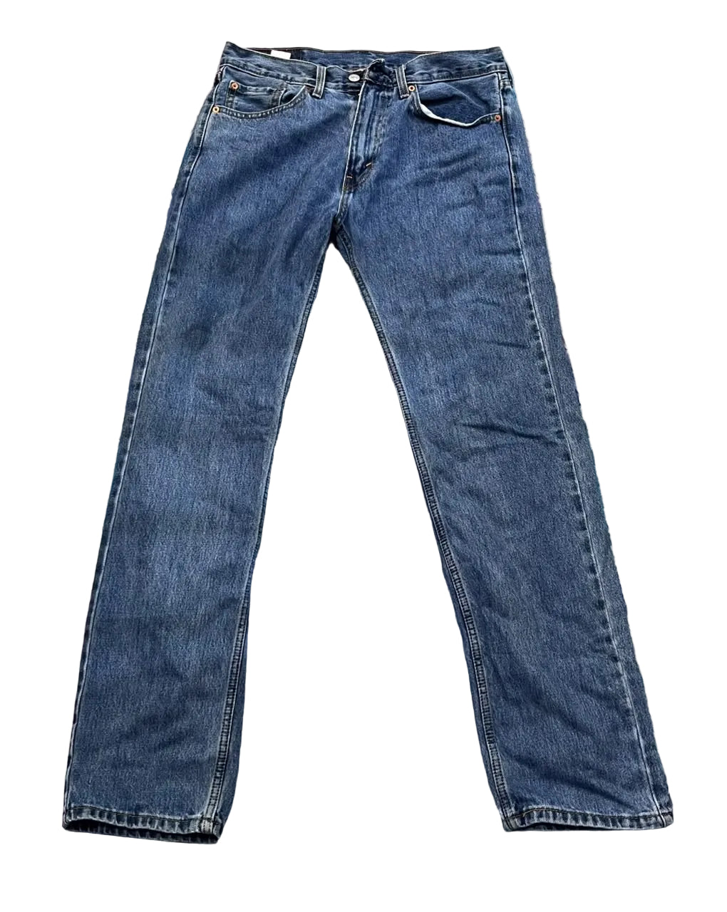 A pair of medium-wash blue denim jeans 