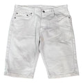 A pair of white denim shorts  The shorts feature classic five-pocket styling, belt loops, and dark metal rivets and buttons.