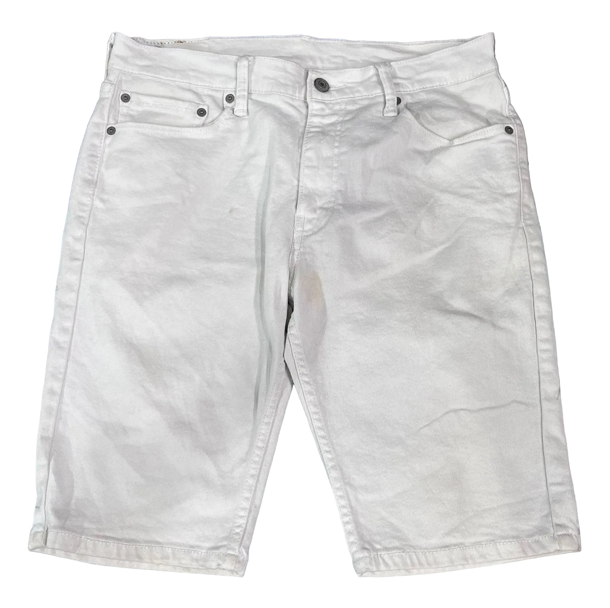 A pair of white denim shorts  The shorts feature classic five-pocket styling, belt loops, and dark metal rivets and buttons.