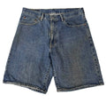 A pair of medium-wash blue denim shorts