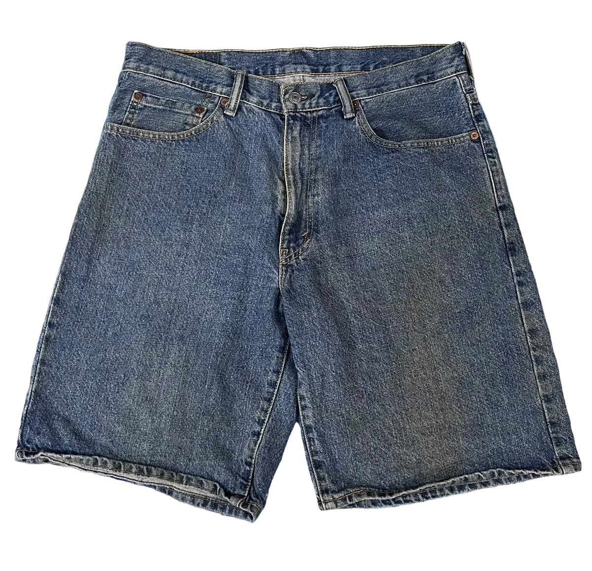 A pair of medium-wash blue denim shorts