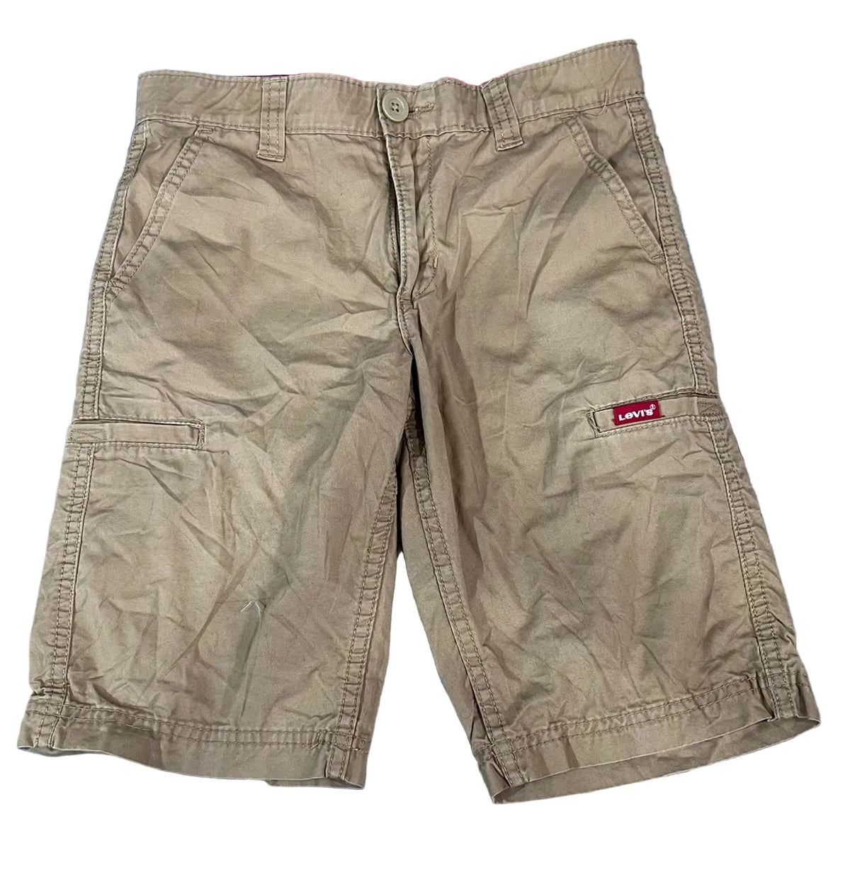 A pair of Levi's tan cargo shorts The shorts feature a button closure, belt loops, side pockets, and a red Levi's brand patch on the left thigh.
