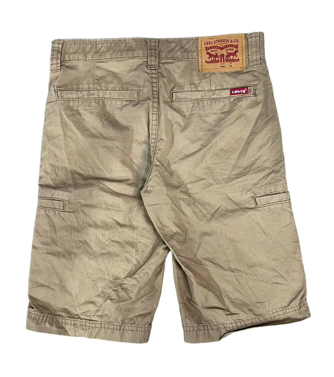 Levi's tan cargo shorts shown from the back,. The back features two large cargo pockets, a leather patch on the upper right, and a red Levi's brand tag on the left pocket.